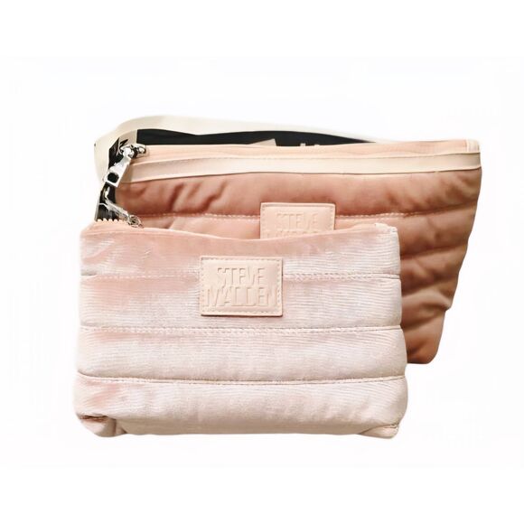 Steve Madden Logo Plate Quilted Velvet Nylon Cosmetic Pouch Set - Picture 2 of 9